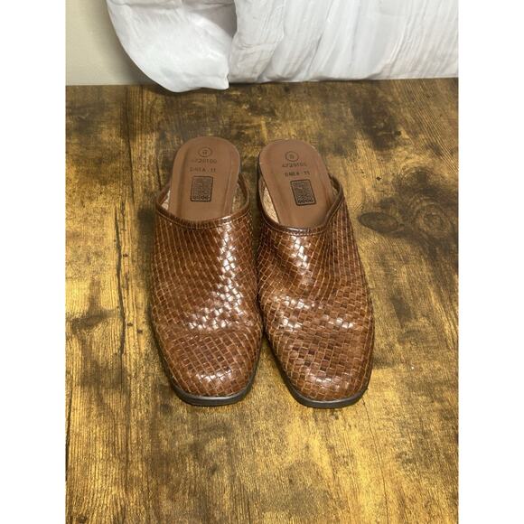 VTG 90s Y2K Faded Glory Women’s 8 Brown Woven Leather Heeled Mules Boho Retro - Picture 2 of 13